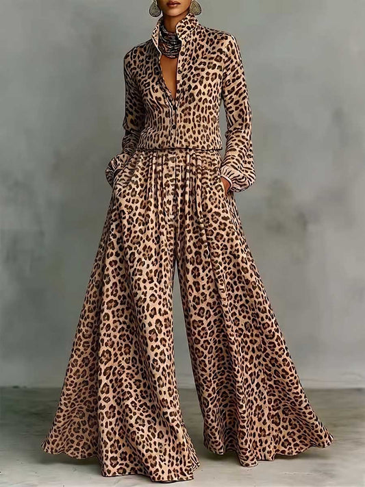 BLEVIO - Set due pezzi leopardato con camicia e pantaloni ampi