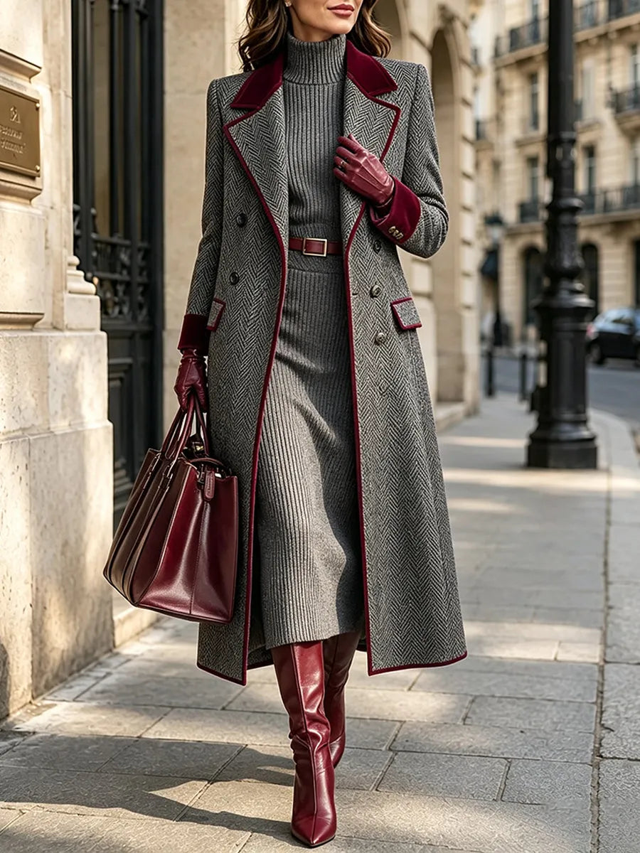 NONE - Cappotto lungo grigio in misto lana spigato