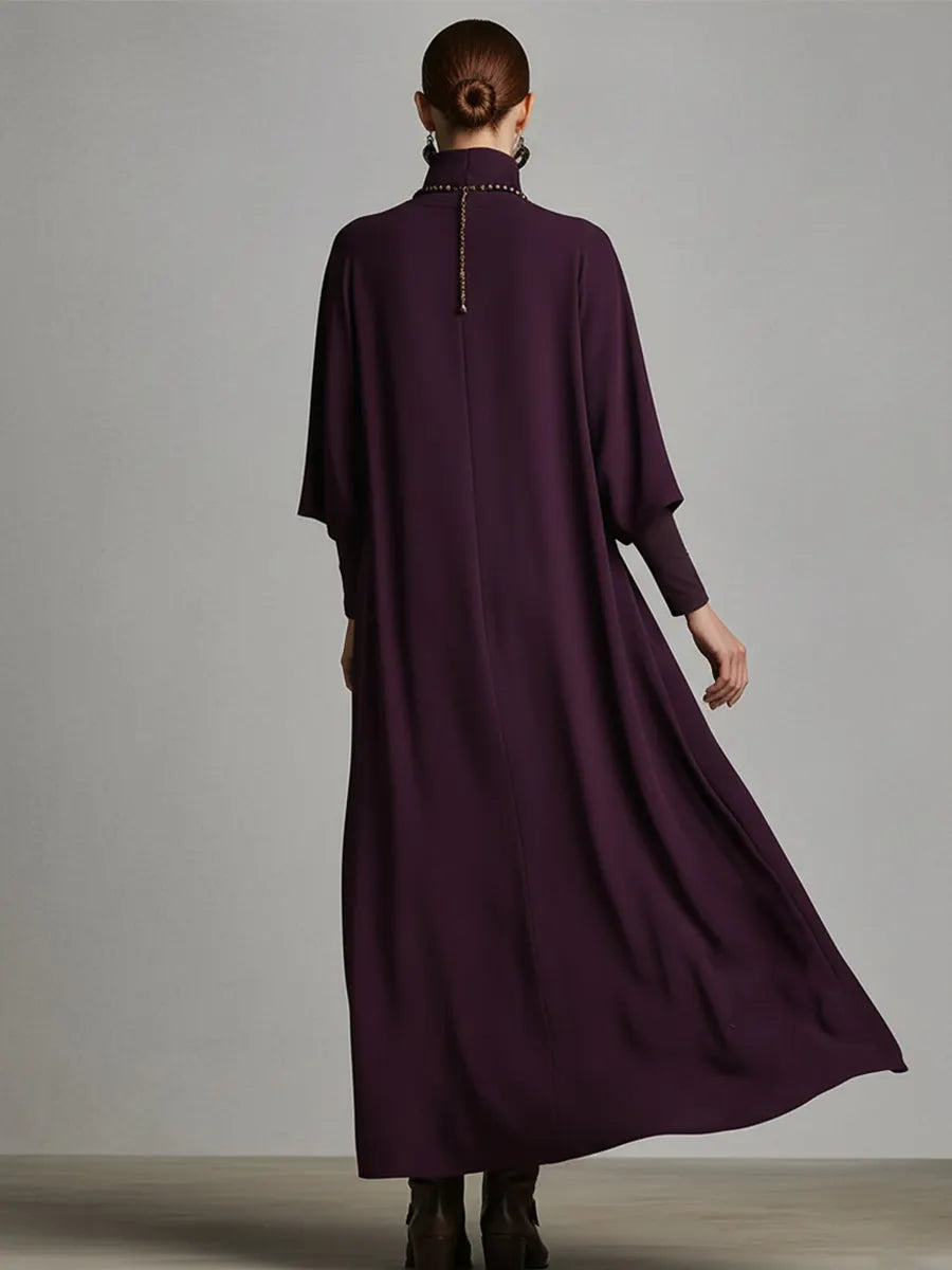 ARBORIO - Abito maxi color prugna in jersey misto cotone ricamato