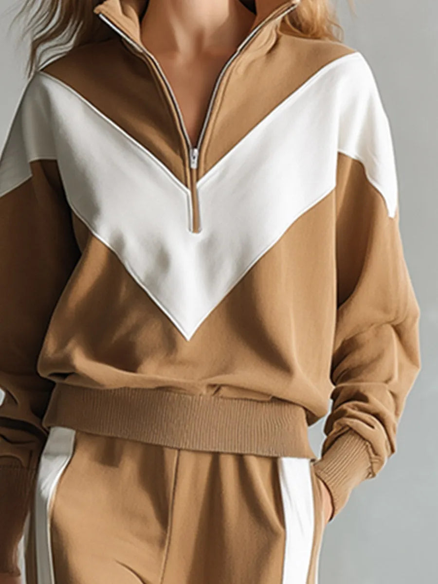 Set due pezzi cammello con mezza zip e profili bianchi
