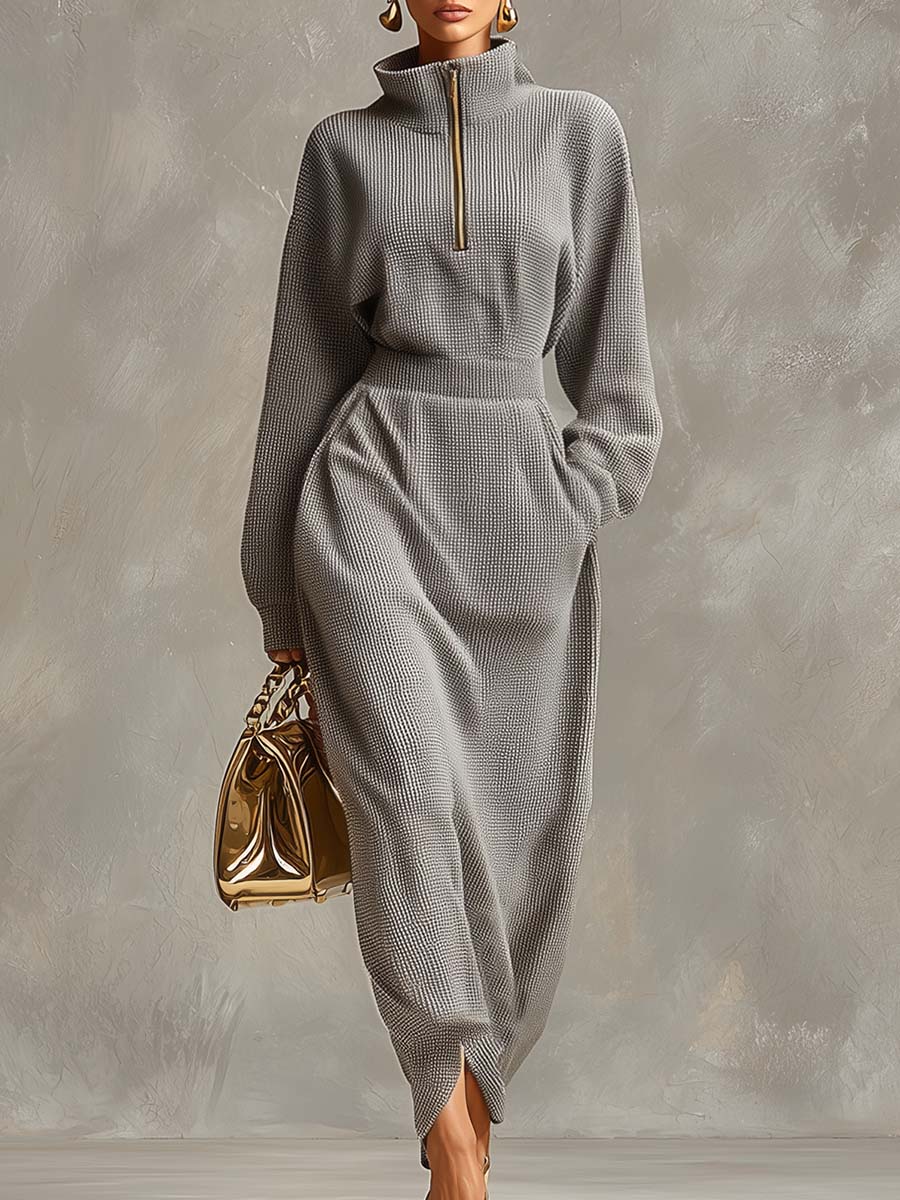SAREZZANO - Abito maxi grigio con zip e colletto casual