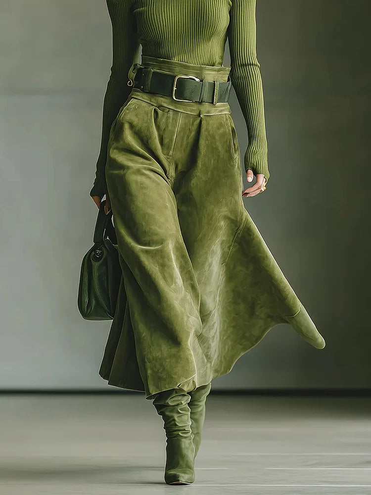 GIULIA - Completo verde oliva con top scivolato e gonna suede