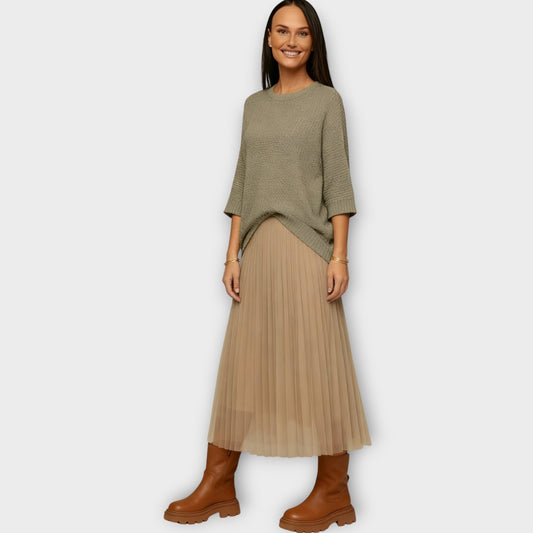 GIULIA - Set maglia verde/khaki e gonna midi plissettata