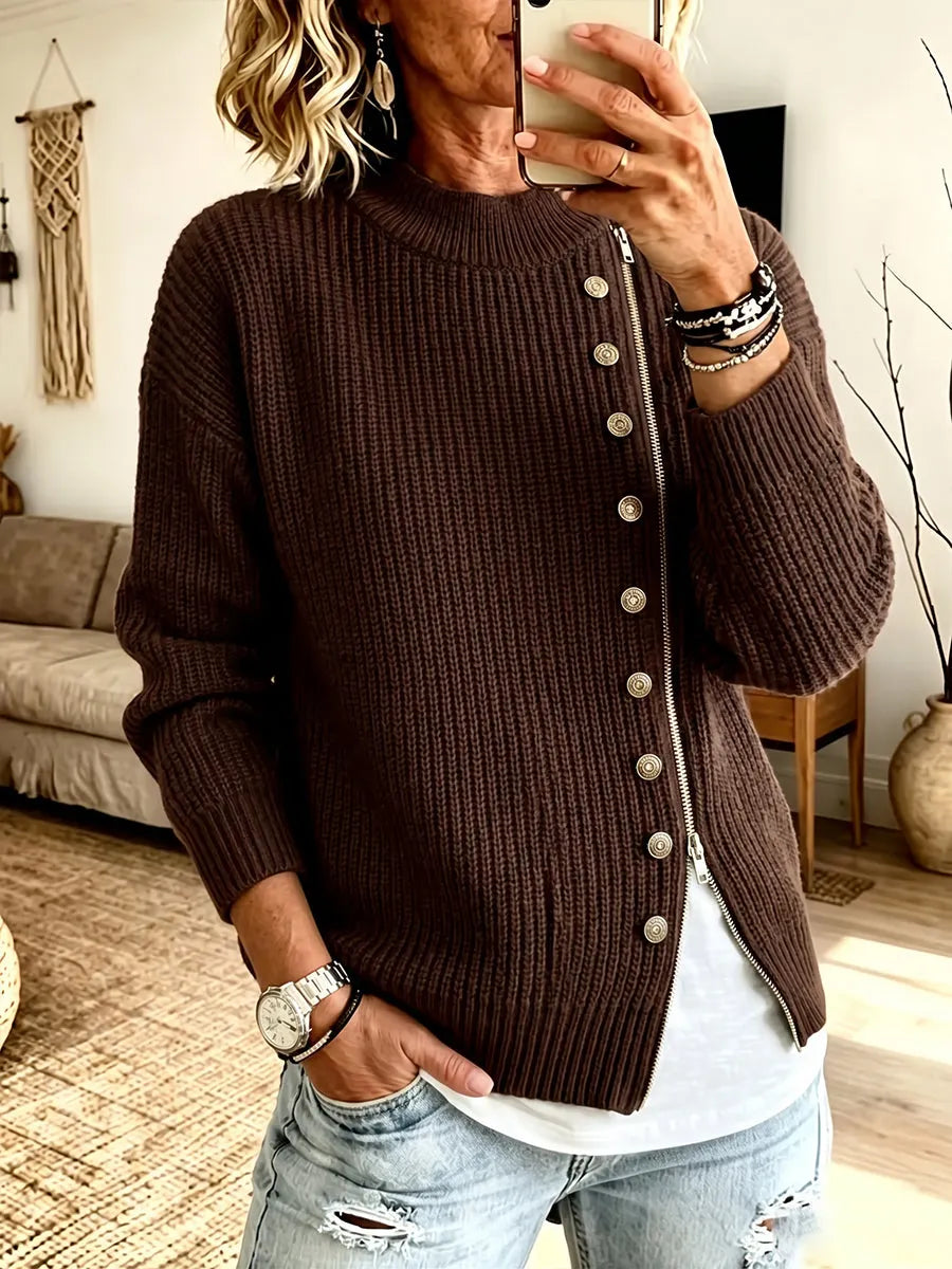 SALIZZOLE - Cardigan marrone a coste con zip asimmetrica e bottoni dorati