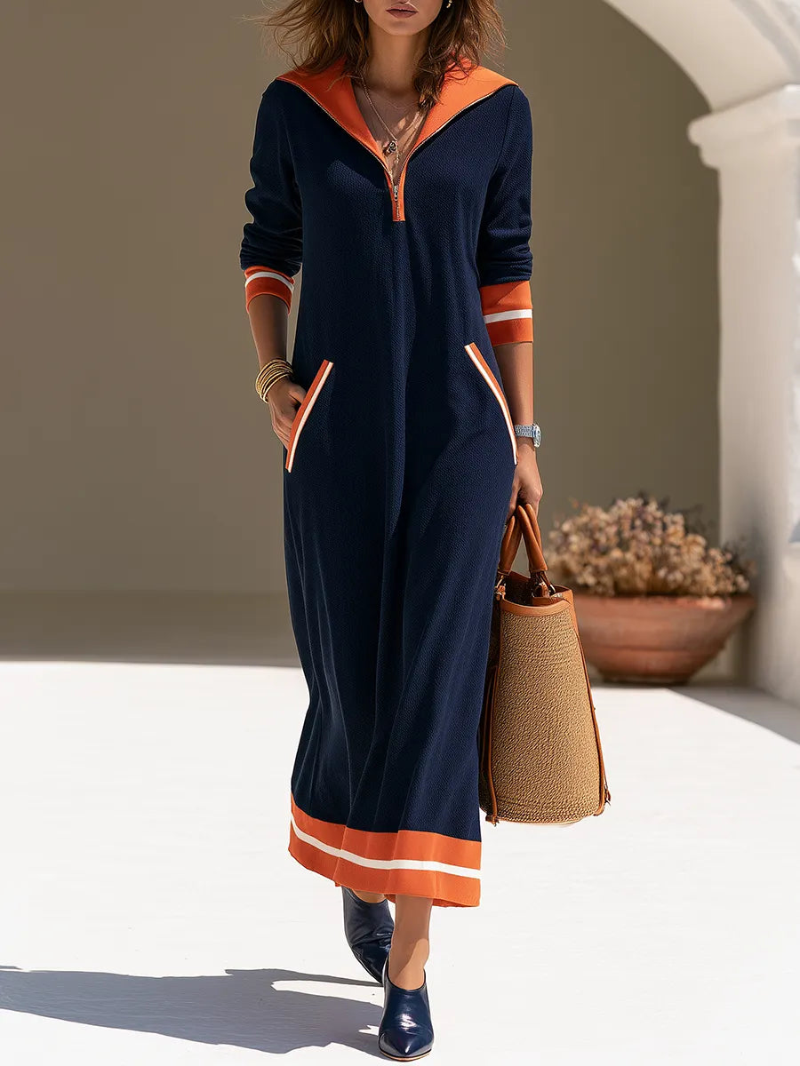 COLONNELLA - Abito maxi blu elasticizzato con colletto a contrasto