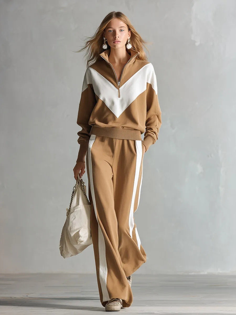 Set due pezzi cammello con mezza zip e profili bianchi