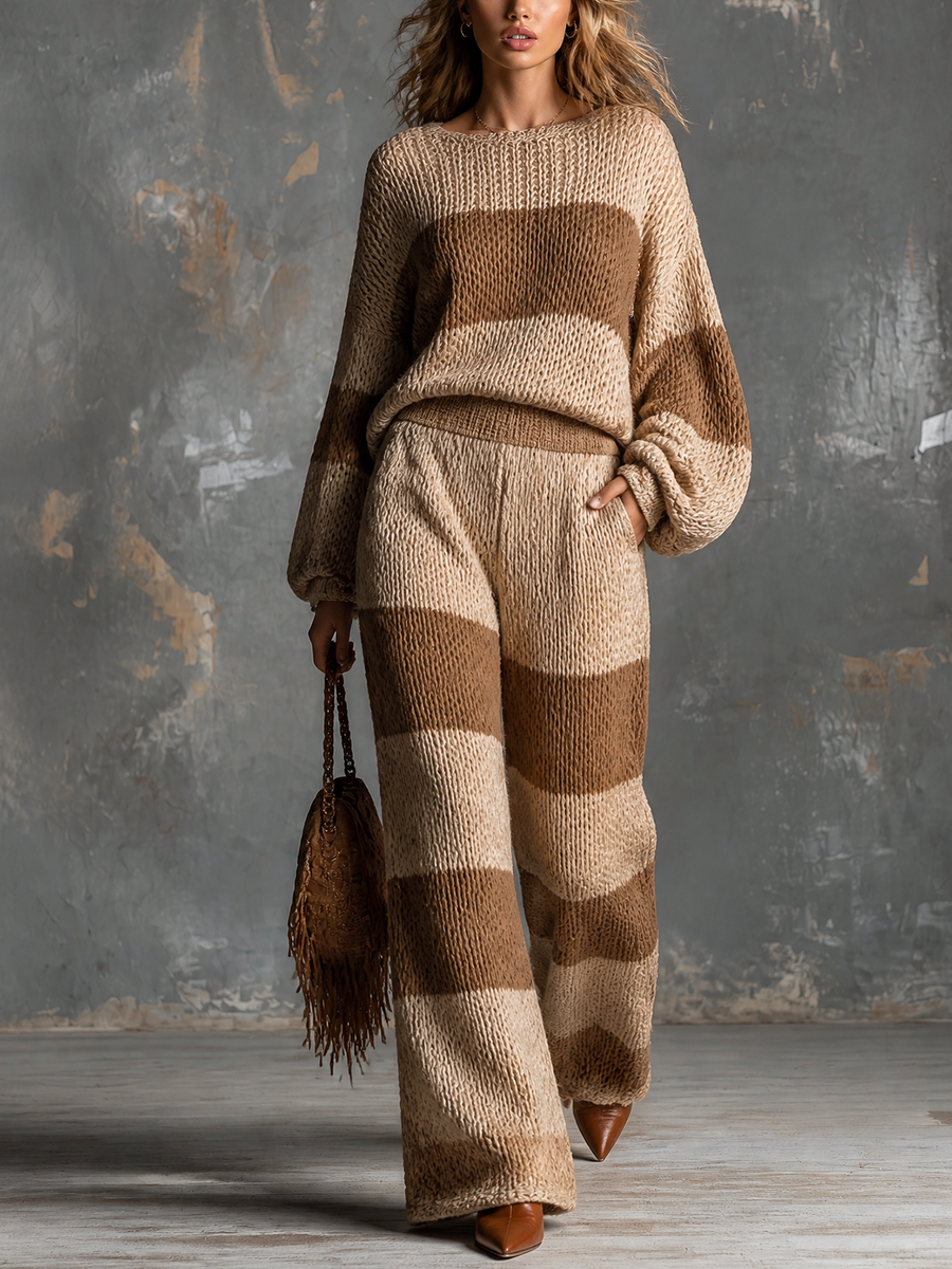 MORGANO - Set due pezzi in maglia beige cammello a righe larghe