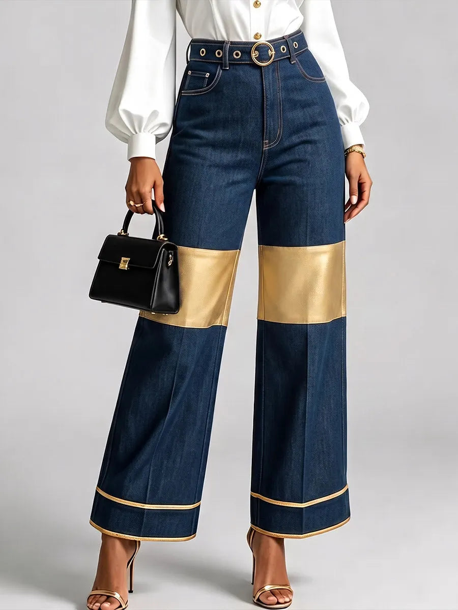 SELVINO - Pantaloni wide-leg in denim patchwork multicolor a vita alta