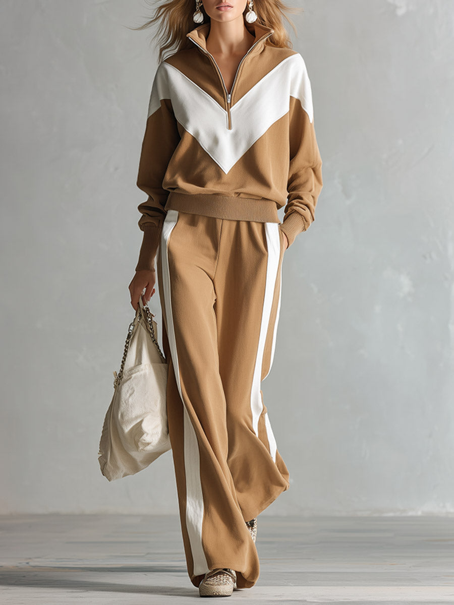 Set due pezzi cammello con mezza zip e profili bianchi