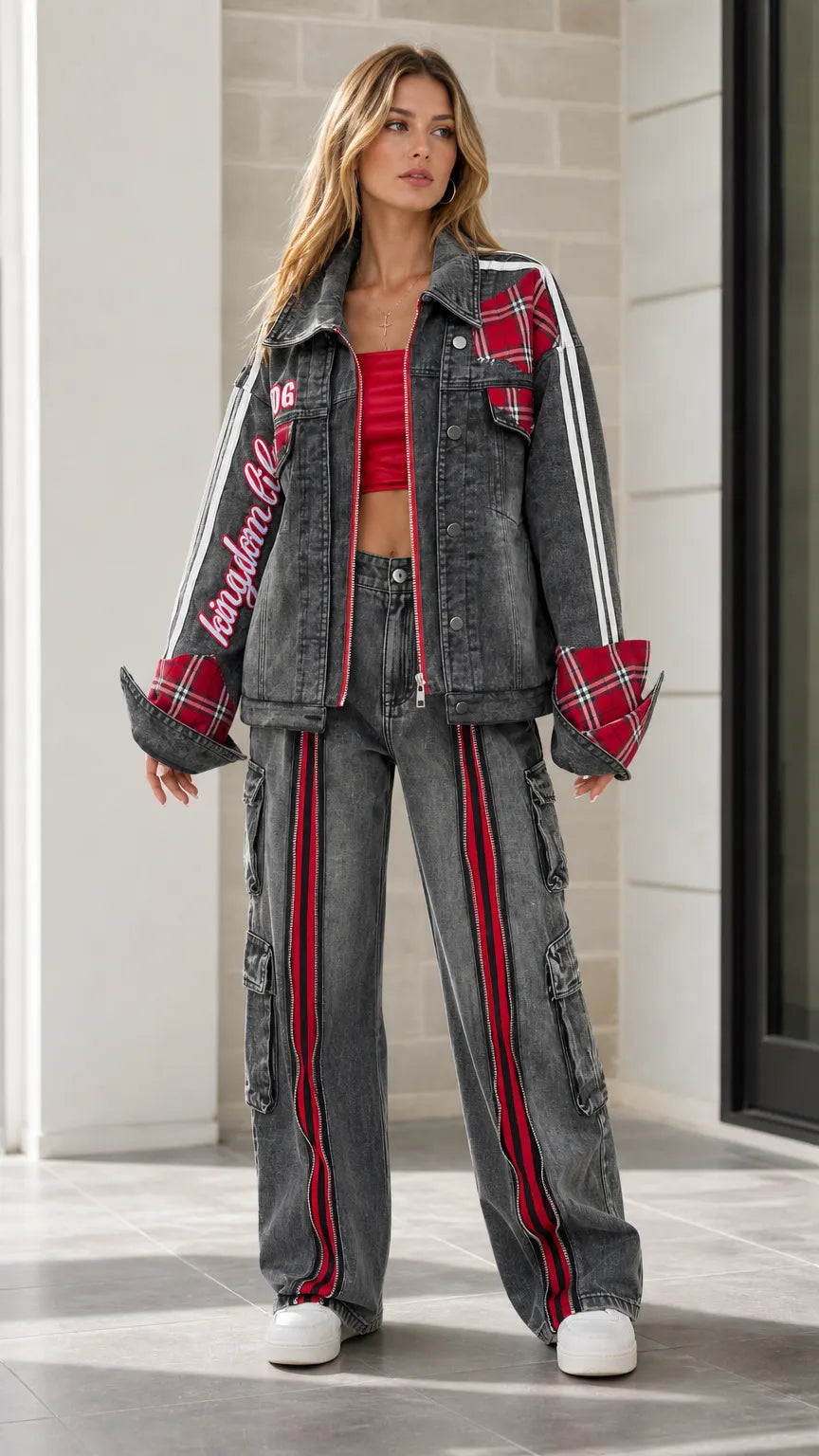 SAVOCA - Set due pezzi in denim patchwork nero slavato e cargo a zampa