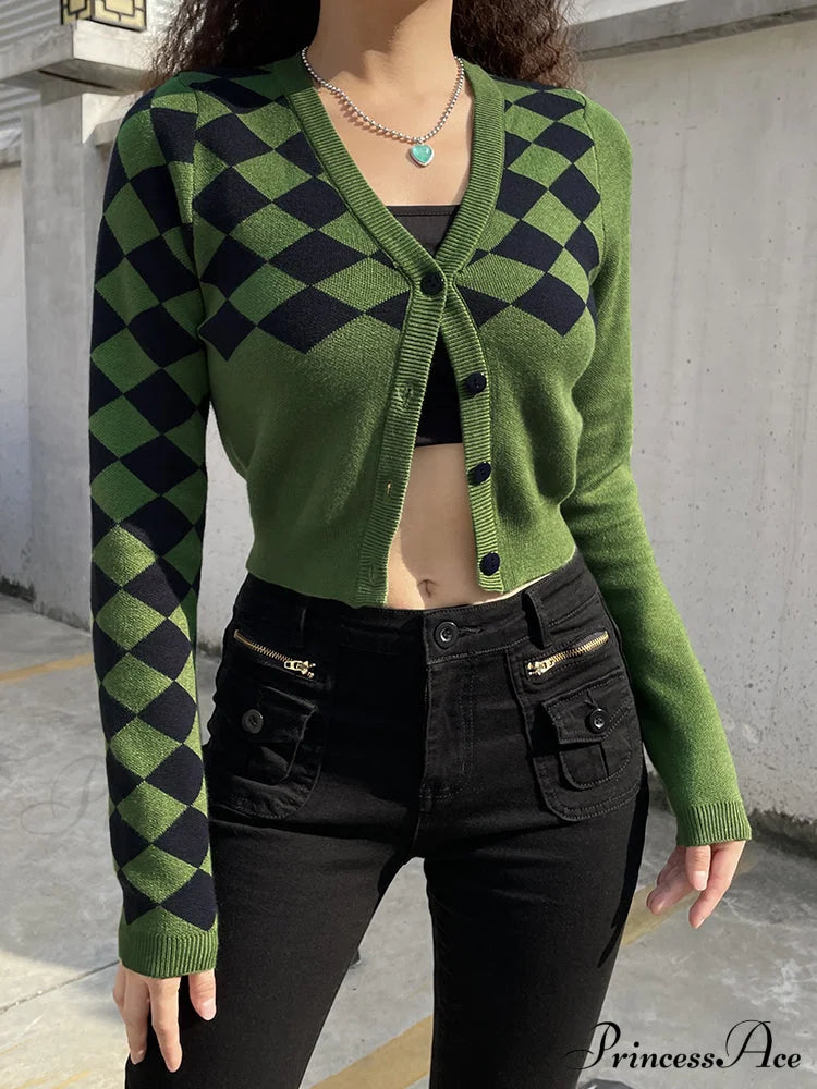 ISOLDE - Cardigan corto verde a quadri in maglia