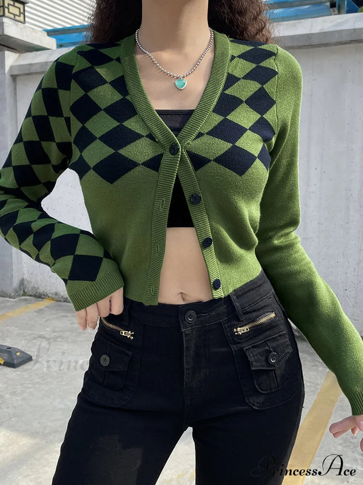 ISOLDE - Cardigan corto verde a quadri in maglia