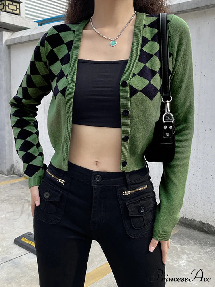ISOLDE - Cardigan corto verde a quadri in maglia