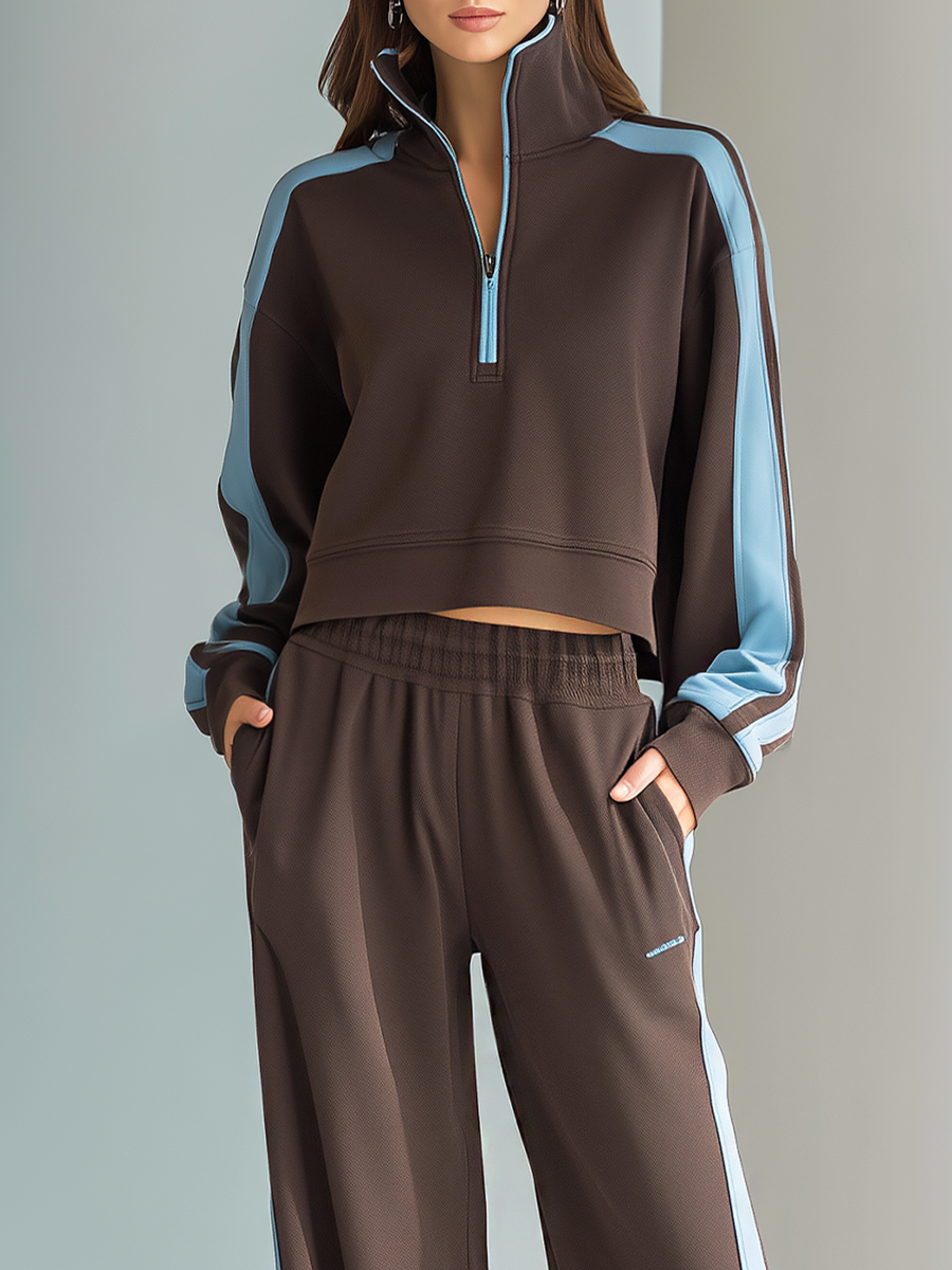 FORCE - Tuta casual marrone e azzurro con zip a mezza altezza