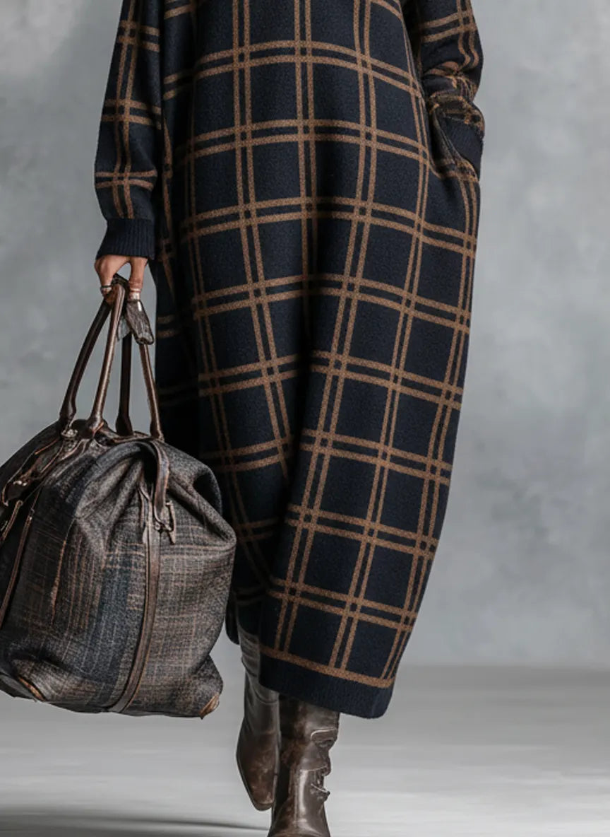 ABBATEGGIO - Abito maxi in maglia a quadri con collo zip