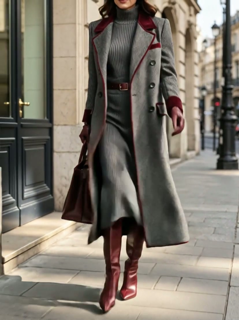 NONE - Cappotto lungo grigio in misto lana spigato