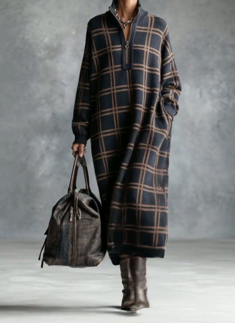 ABBATEGGIO - Abito maxi in maglia a quadri con collo zip