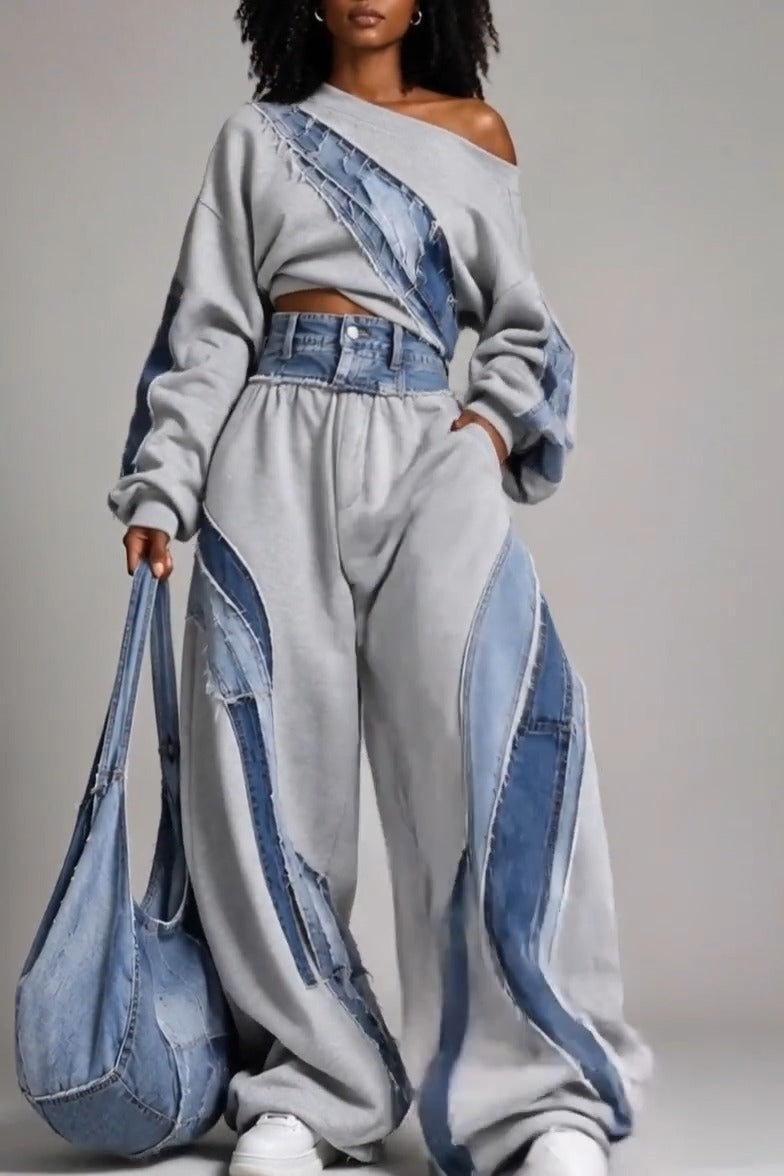 CASTAGNO - Set due pezzi felpa patchwork grigia e pantaloni denim ampi