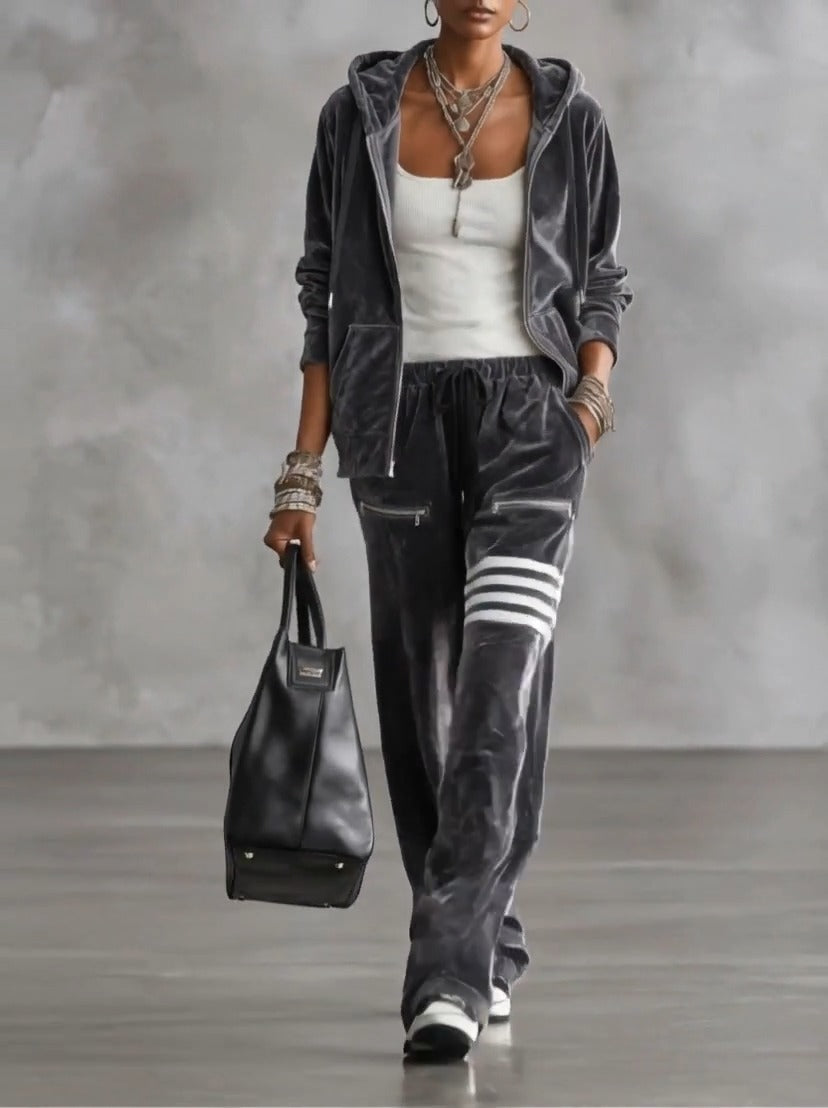 OVARO - Set due pezzi grigio in velluto con felpa e pantaloni a righe