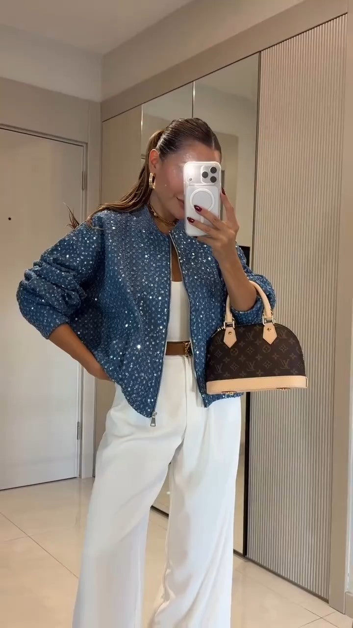SORI - Giacca in denim blu con paillettes e zip frontale