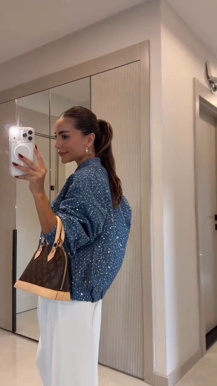 SORI - Giacca in denim blu con paillettes e zip frontale