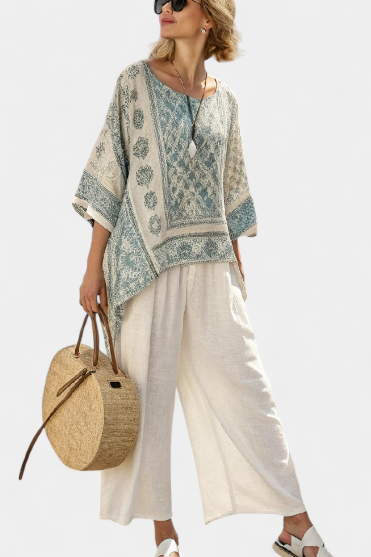 CHIARA - Completo multicolore con blusa stampata e pantaloni bianchi