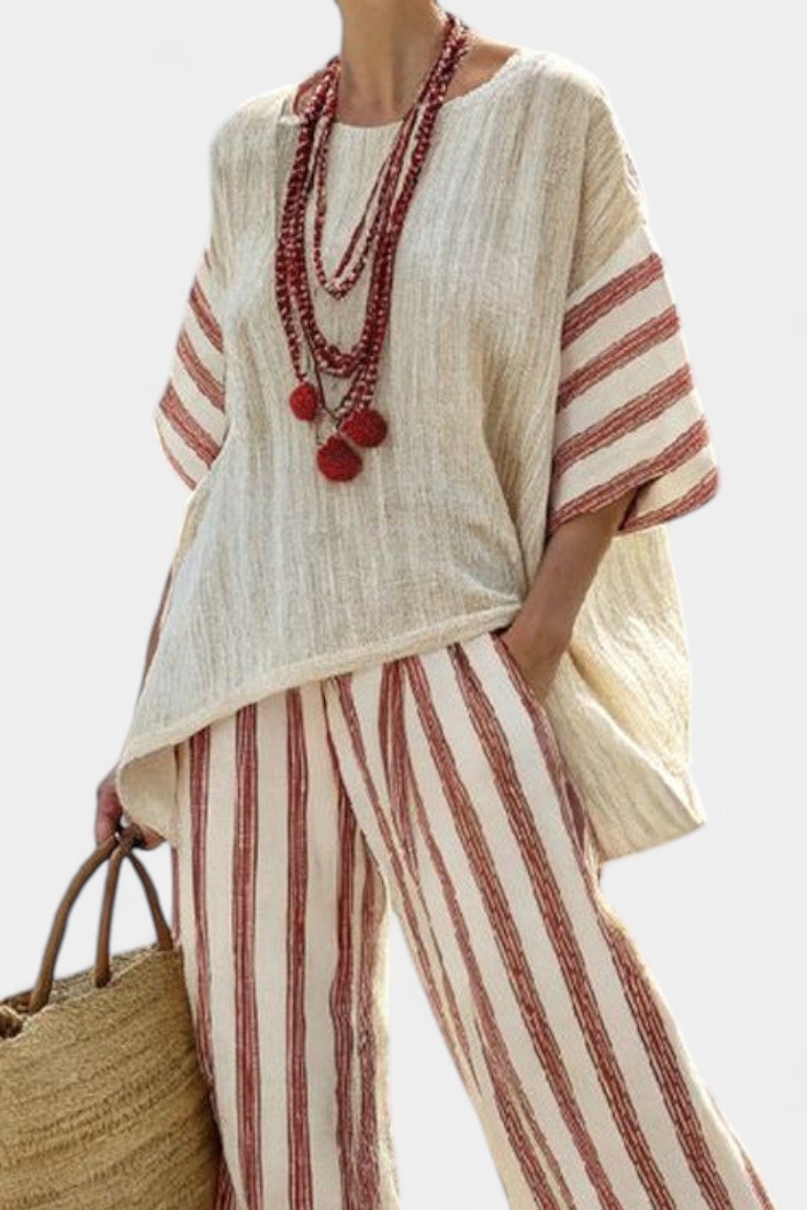 CHIARA - Completo rigato multicolore in lino crema