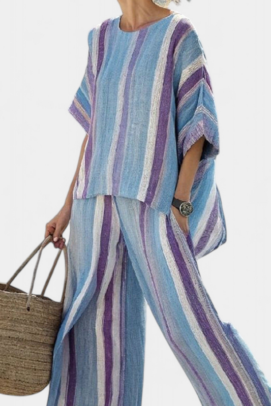 FAELITH - Completo Lino a Righe Multicolori con Top Malva