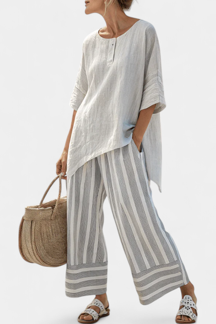 SOFIA - Completo Blusa Asimmetrica e Pantaloni a Righe Multicolori