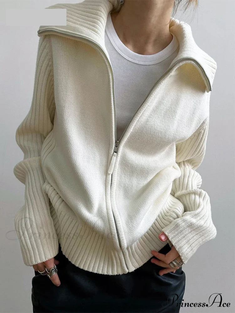 PADERNA - Cardigan oversize bianco in maglia con zip