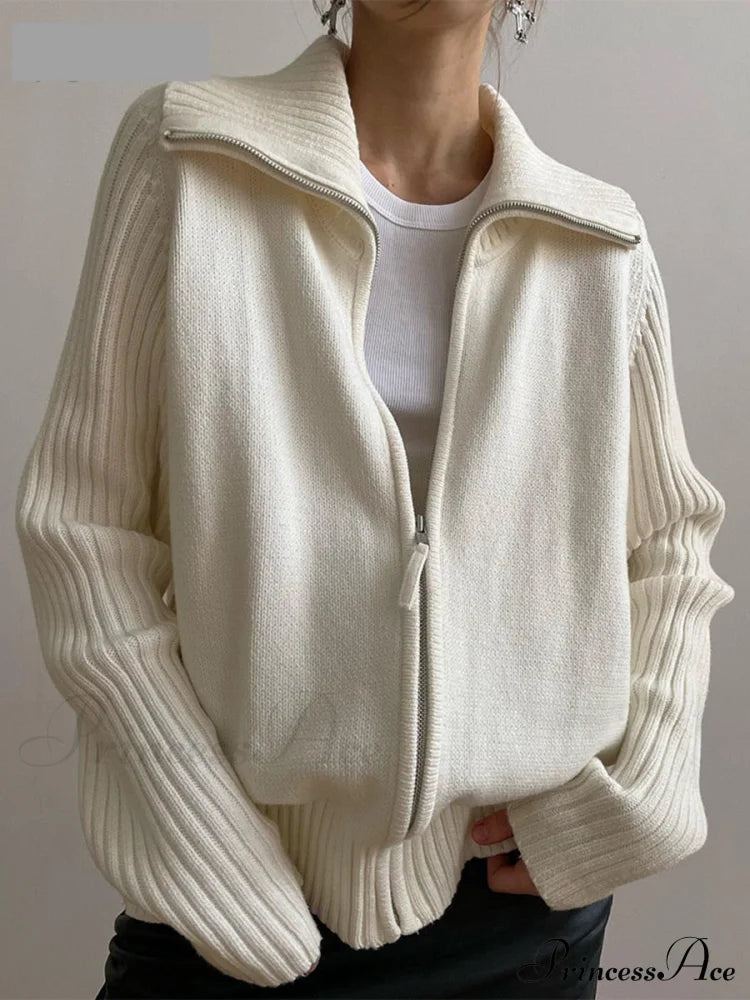 PADERNA - Cardigan oversize bianco in maglia con zip