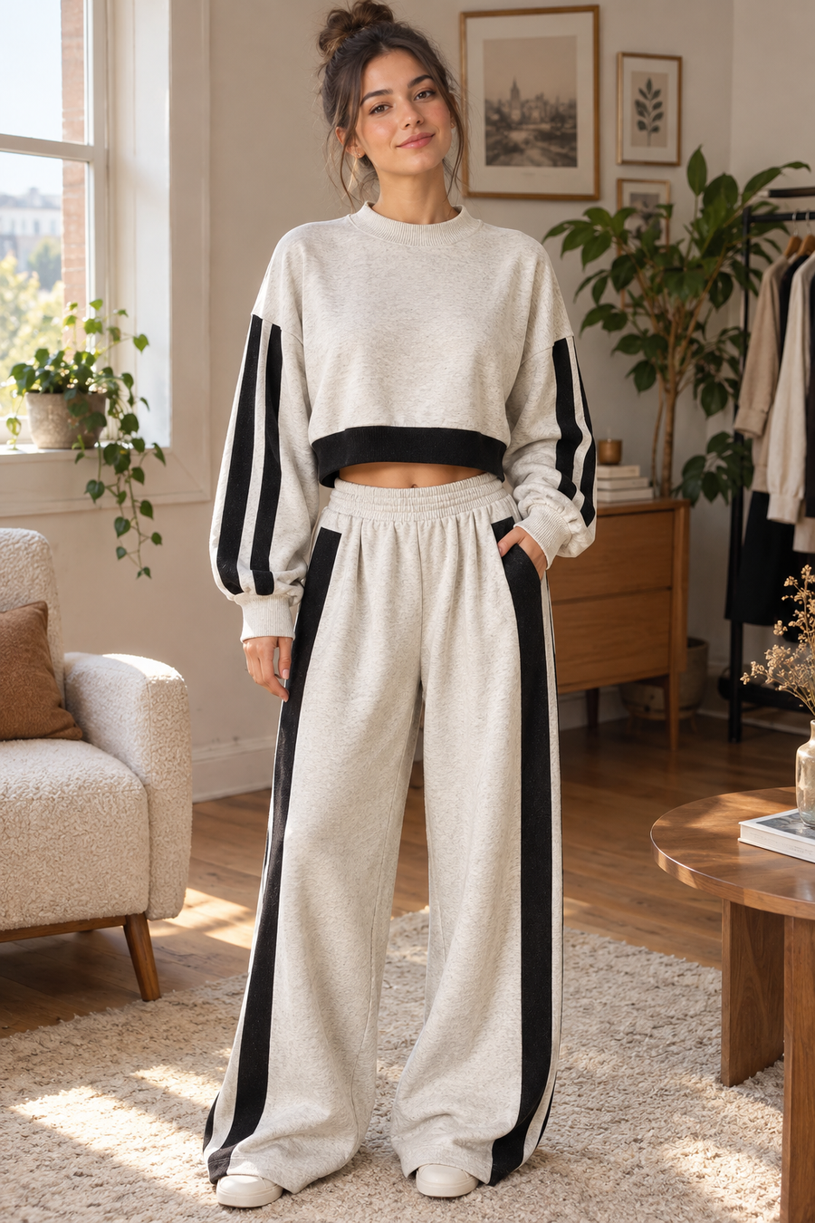 NUORO - Set due pezzi felpato beige e nero con pantaloni ampi