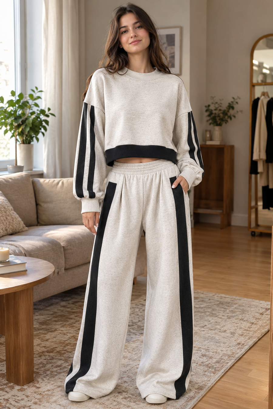 NUORO - Set due pezzi felpato beige e nero con pantaloni ampi