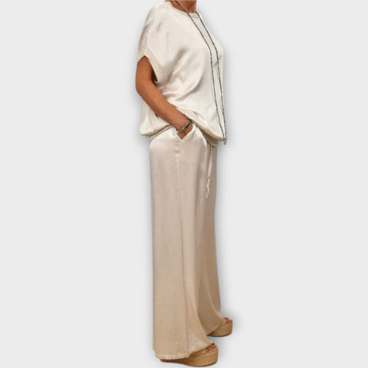 ANGELICA - Completo satinato elegante in bianco, nero, grigio e beige
