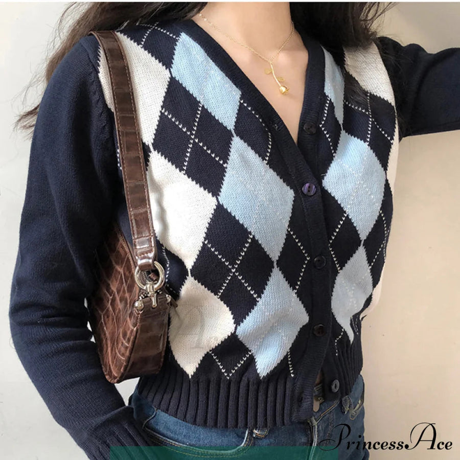 FARDELLA - Cardigan blu navy a quadri con scollo a V