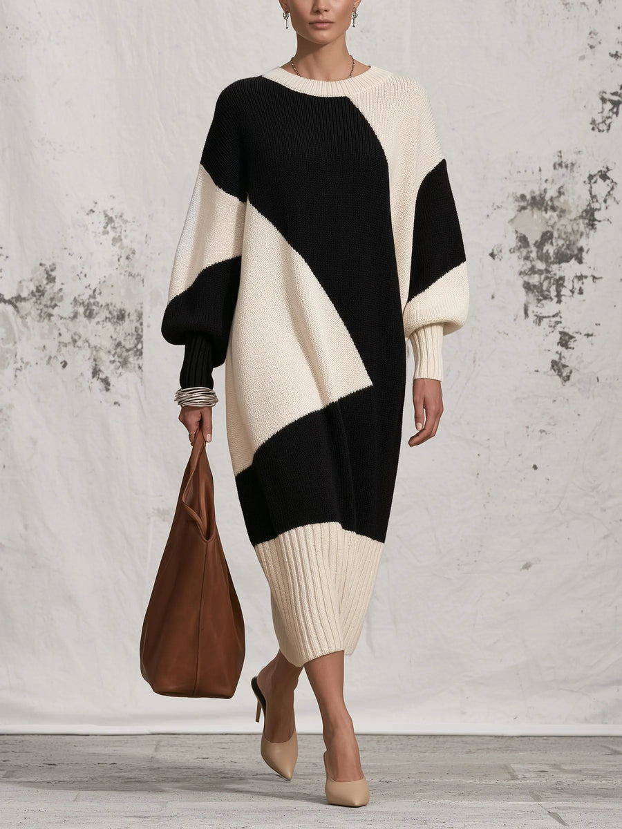 MONTOTTONE - Abito midi in maglia bianco e nero con maniche balloon