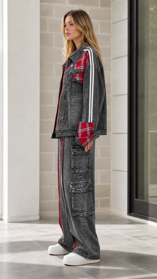 CINAGLIO - Set due pezzi in denim lavato patchwork scozzese cargo wide-leg