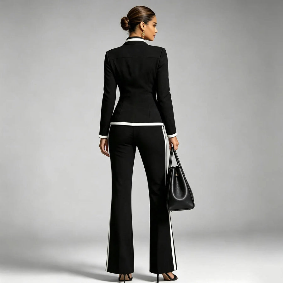 Women's Modern Contrast Trim Stand Collar Full Zip Long Sleeve Jacket & High Waist Straight Leg Pants 2Pcs Set