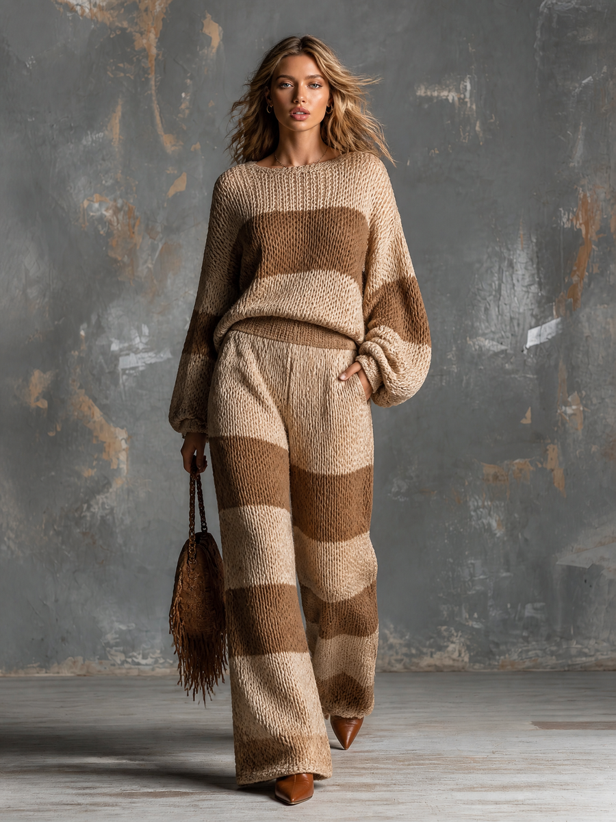 MORGANO - Set due pezzi in maglia beige cammello a righe larghe