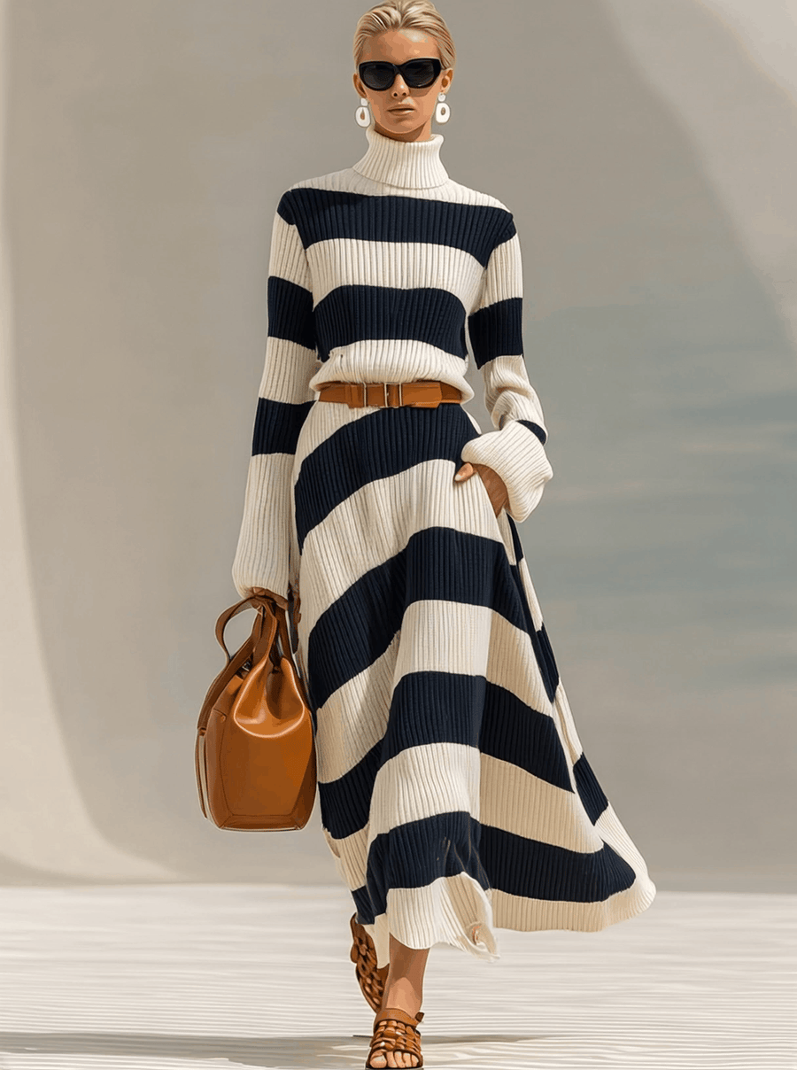 DUMENZA - Abito maxi in maglia blu navy e bianco a righe contrasto