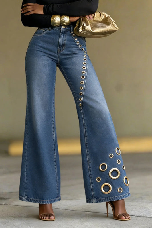UZZANO - Jeans blu wide leg con elegante dettaglio ad anello metallico