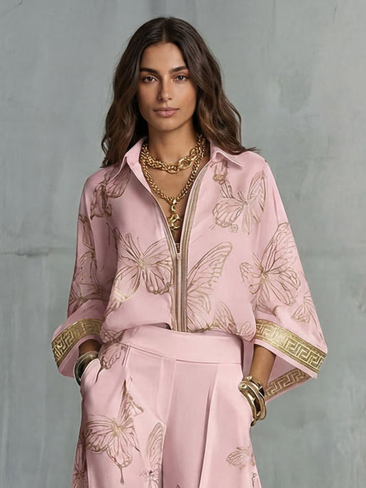 ACCUMOLI - Camicia elegante con zip e motivo farfalle