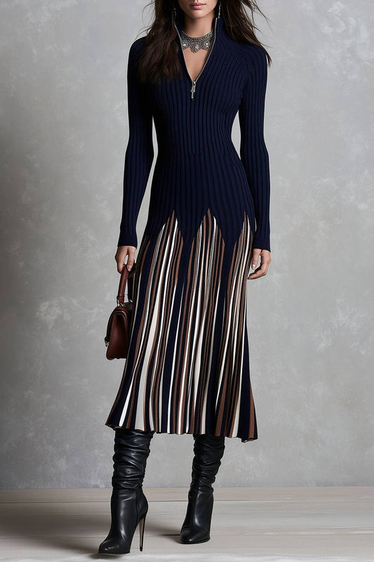 FASCIA - Abito midi a righe color block in maglia a coste con mezza zip