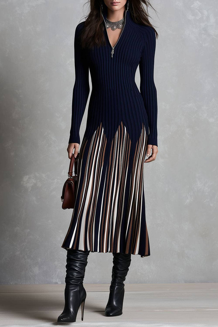 FASCIA - Abito midi a righe color block in maglia a coste con mezza zip