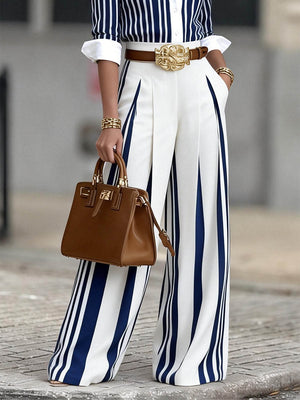 INVORIO - Completo Camicia Striata e Pantaloni Wide Leg a Vita Alta