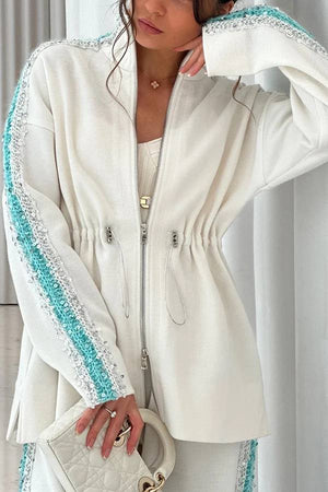 LETINO - Completo 2 pezzi in maglia testurizzata con paillettes, bianco e rosa