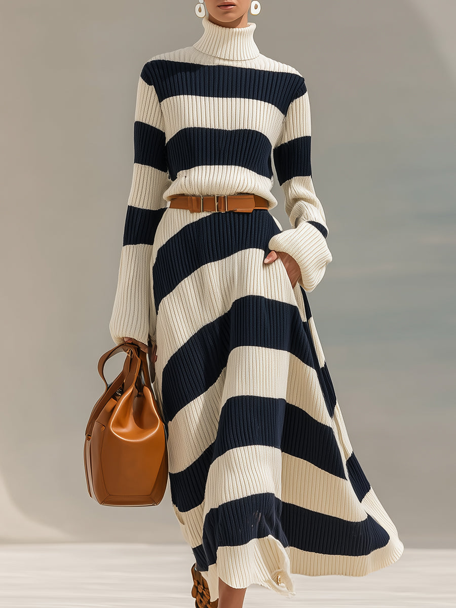 DUMENZA - Abito maxi in maglia blu navy e bianco a righe contrasto