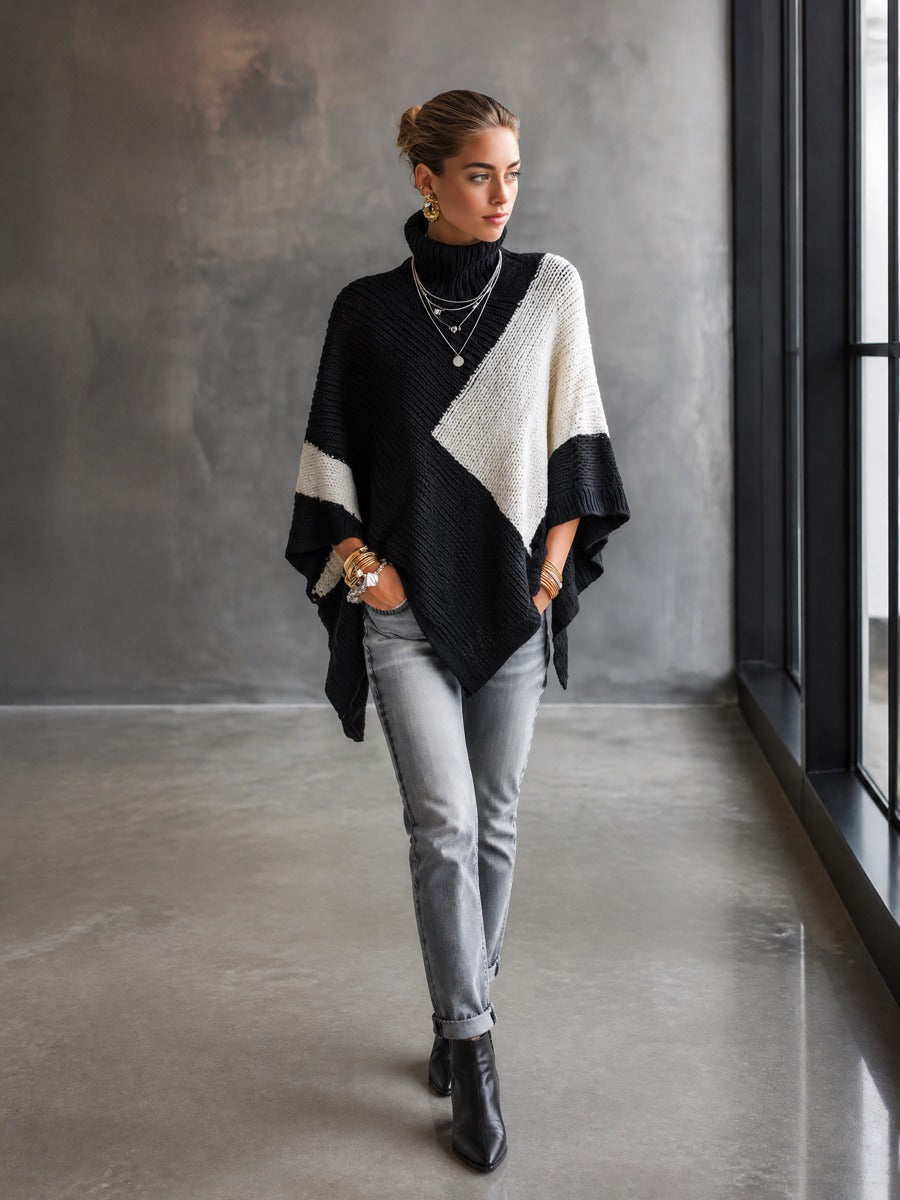 EMILIA - Poncho dolcevita colorblock nero in maglia