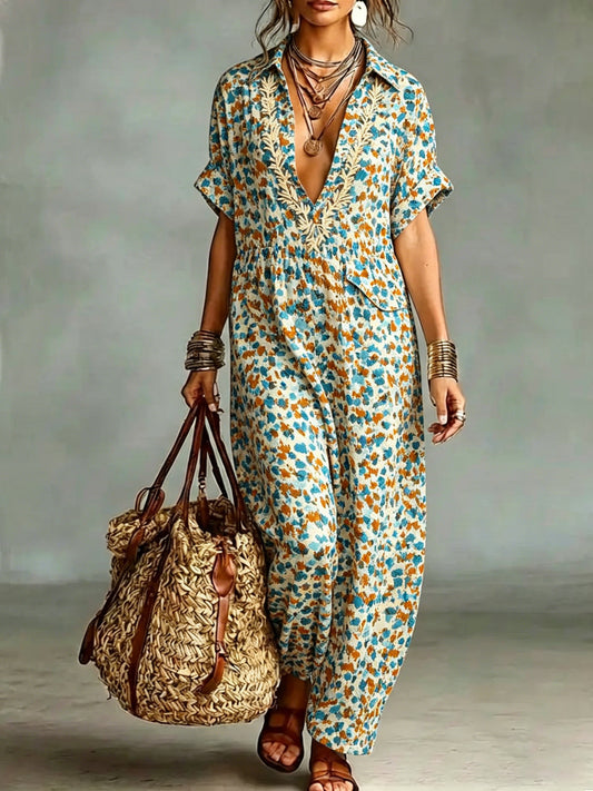 FLAIBANO - Maxi dress bohemien in cotone e lino