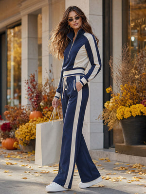 JASMINE - Completo sporty in cotone blu e bianco a blocchi di colore